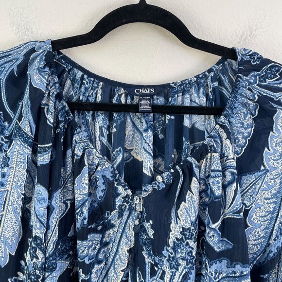 Chaps Womens XL Blue Floral Leaf Print Blouse Long Sleeve Lightweight Boho Shirt - Picture 7 of 8